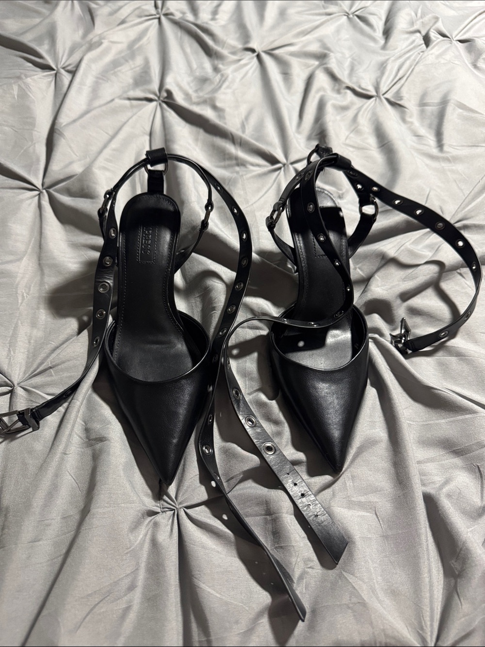 Express Black Pointed Ankle-Strap Heels with Stud Detail